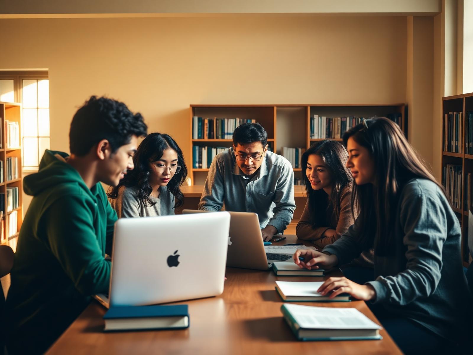 Students and a teacher collaborating in a warm-lit library